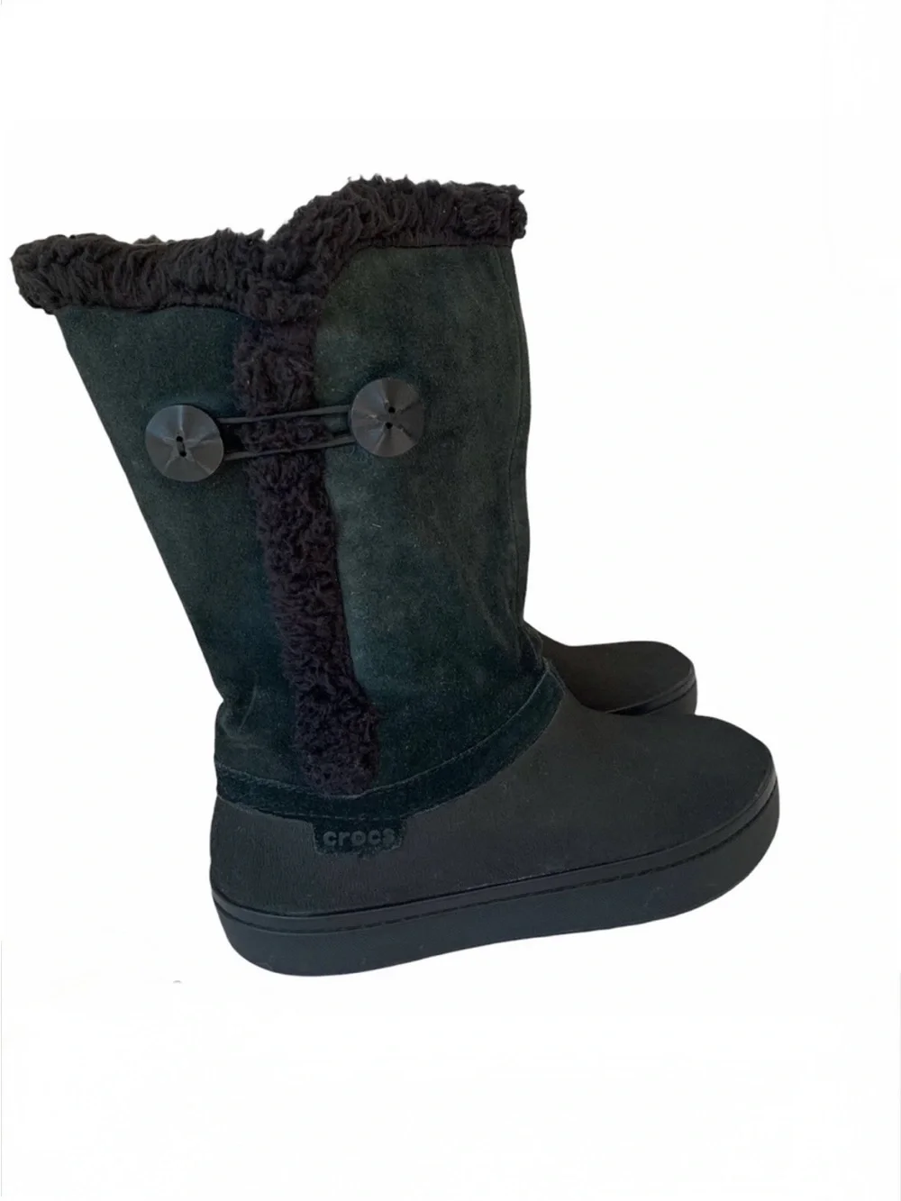 Crocs 6M Modessa synthetic suede black waterproof boots button detail NO INSOLES